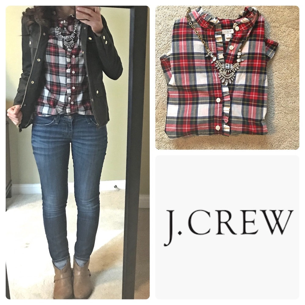 J Crew Ruffle Front Plaid Shirt